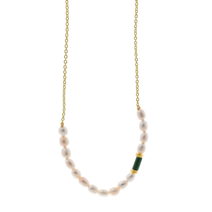 Foto de Collar plata chapado dorado malaquita tubo perlas