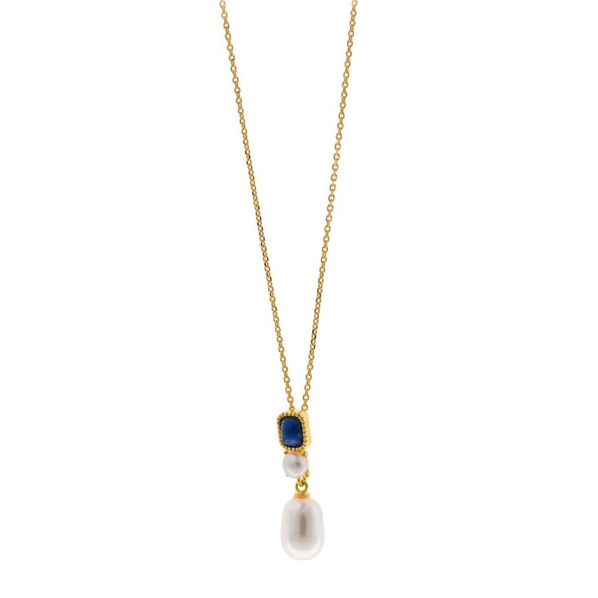 Foto de Collar plata chapado dorado lapislazuli rectangular perla boton y rice de agua dulce