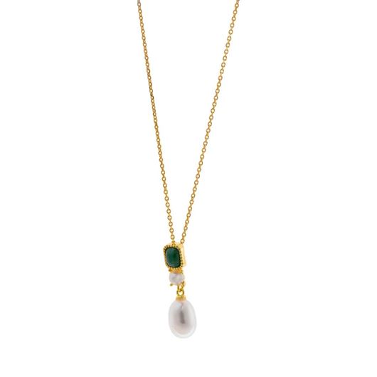 Foto de Collar plata chapado dorado malaquita rectangular perla boton y rice de agua dulce