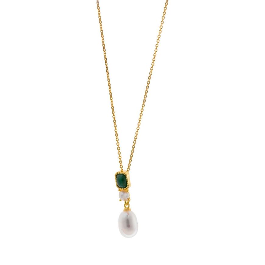 Foto de Collar plata chapado dorado malaquita rectangular perla boton y rice de agua dulce