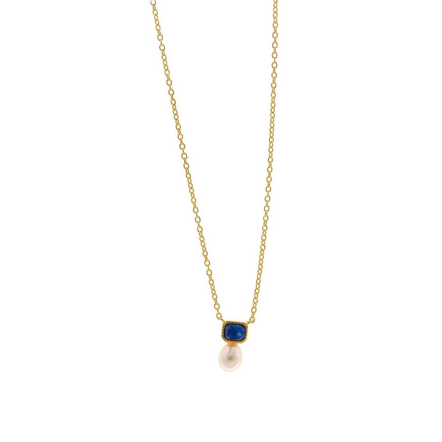 Foto de Collar plata chapado dorado lapislazuli rectangular perla