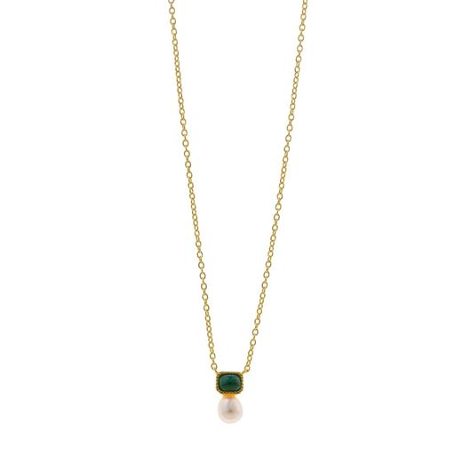 Foto de Collar plata chapado dorado malaquita rectangular perla