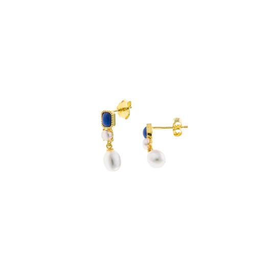 Foto de Pendiente plata chapado dorado lapislazuli rectangular perla