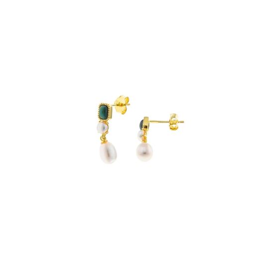 Foto de Pendiente plata chapado dorado malaquita rectangular perla