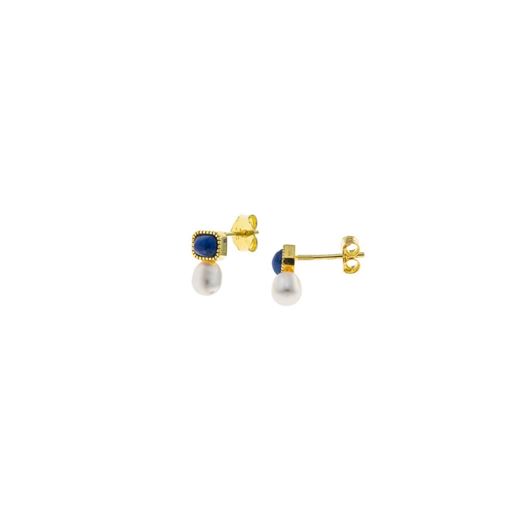Foto de Pendiente plata chapado dorado lapislazuli rectangular perla