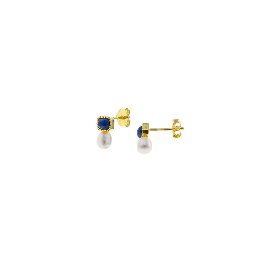 Foto de Pendiente plata chapado dorado lapislazuli rectangular perla