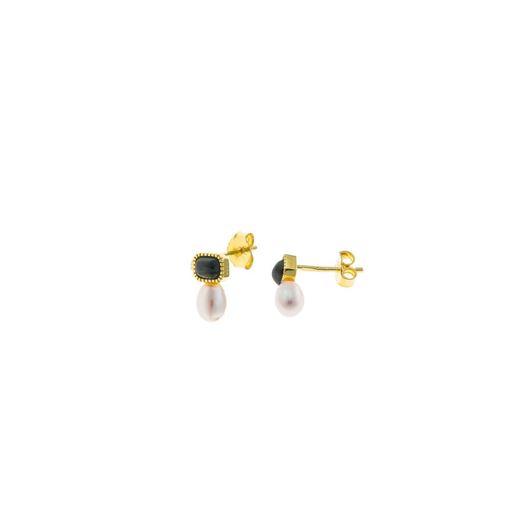 Foto de Pendiente plata chapado dorado malaquita rectangular perla