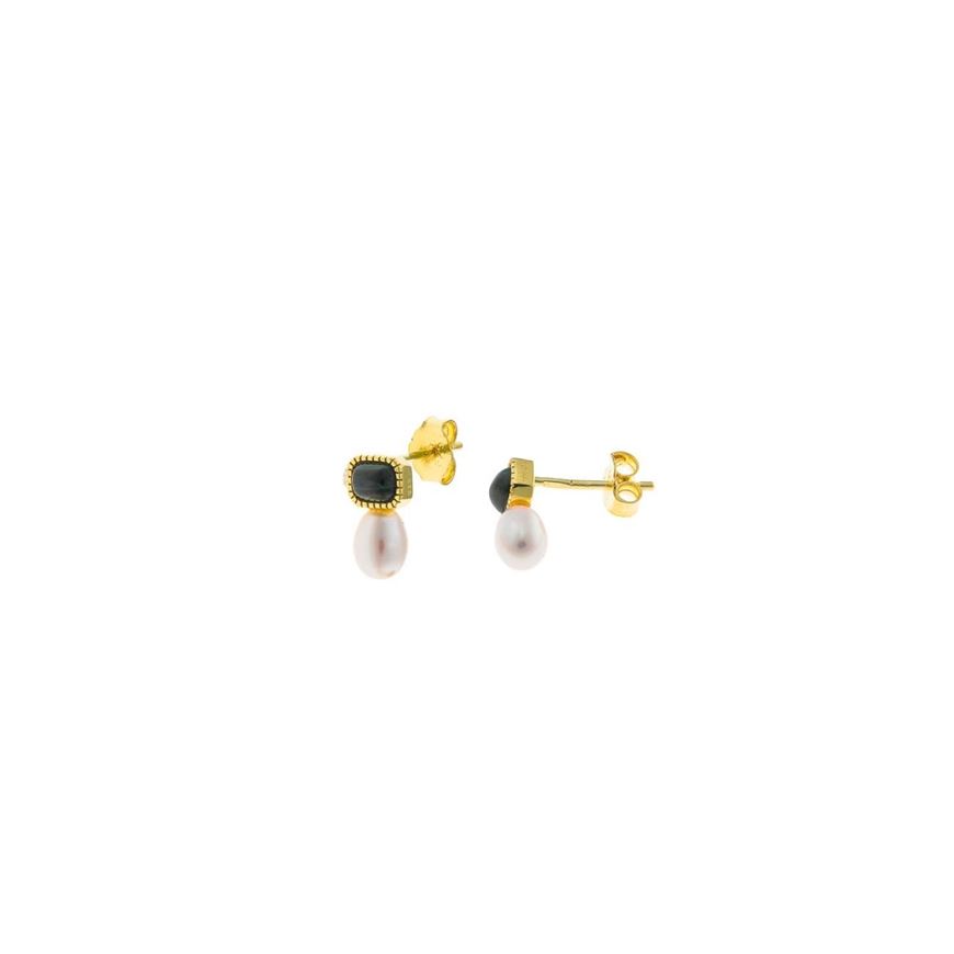 Foto de Pendiente plata chapado dorado malaquita rectangular perla