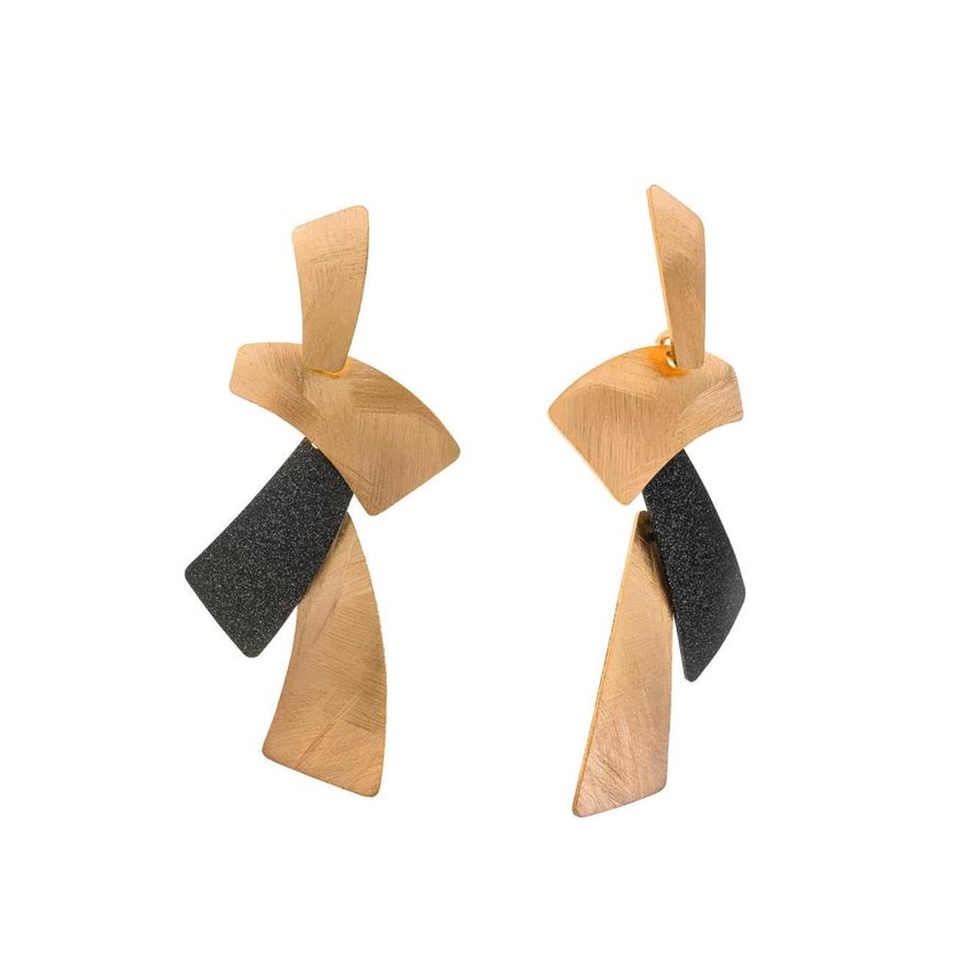 Foto de Pendientes plata chapado dorado rectangulos uno esmalte negro