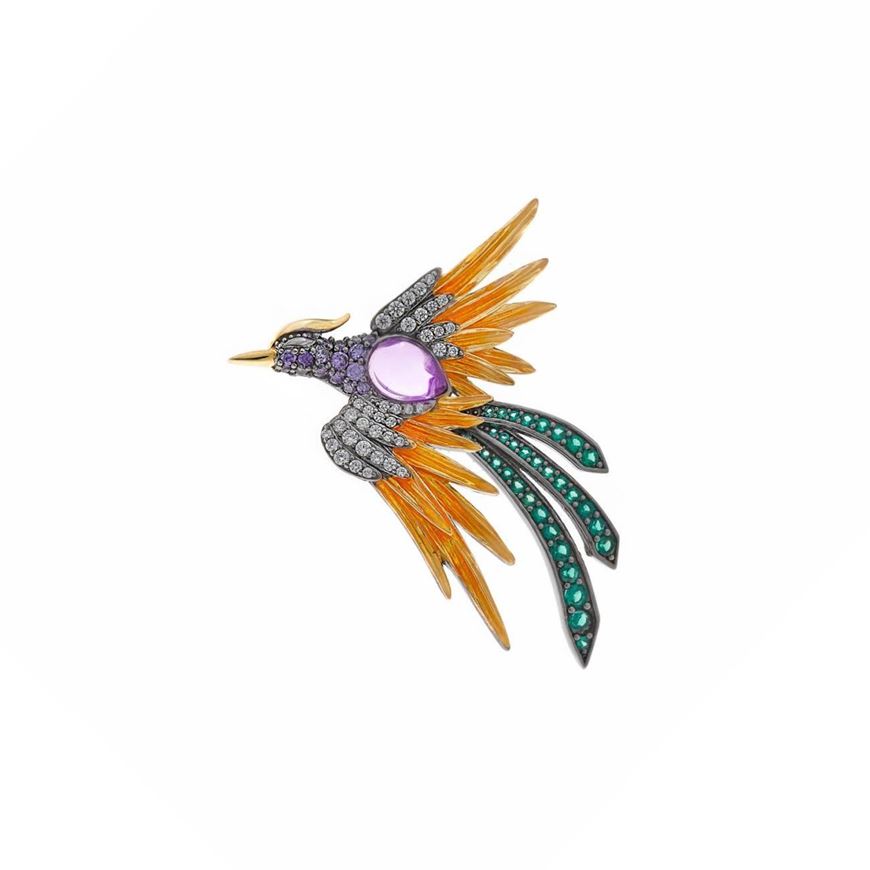 Foto de Broche plata chapado rutenio ave fenix amatista