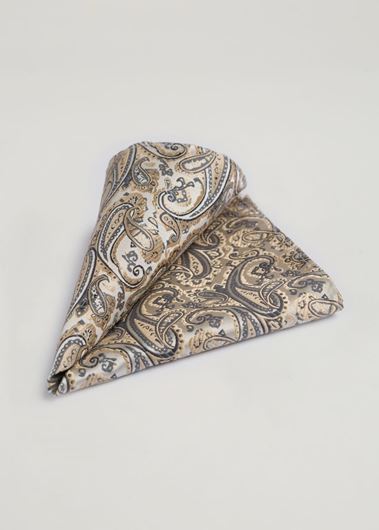 Mostrar los datos de Pañuelo de bolsillo estampado paisley dorado y gris Lino Clemente Foto de Pañuelo de bolsillo estampado paisley dorado y gris Lino Clemente