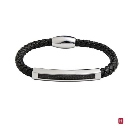 Mostrar los datos de Pulsera cuero negro con tubo acero y fibra carbono 21cm Foto de Pulsera cuero negro con tubo acero y fibra carbono 21cm