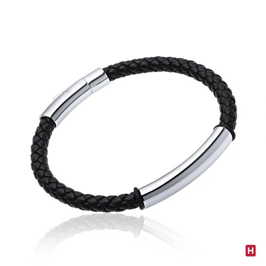 Mostrar los datos de Pulsera de cuero negro y tubo de acero 20cm Foto de Pulsera de cuero negro y tubo de acero 20cm