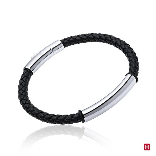 Foto de Pulsera de cuero negro y tubo de acero 20cm