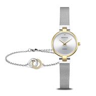 Foto de Set de Reloj Classic bicolor 24mm malla milanesa plateada y pulsera de acero con circonitas