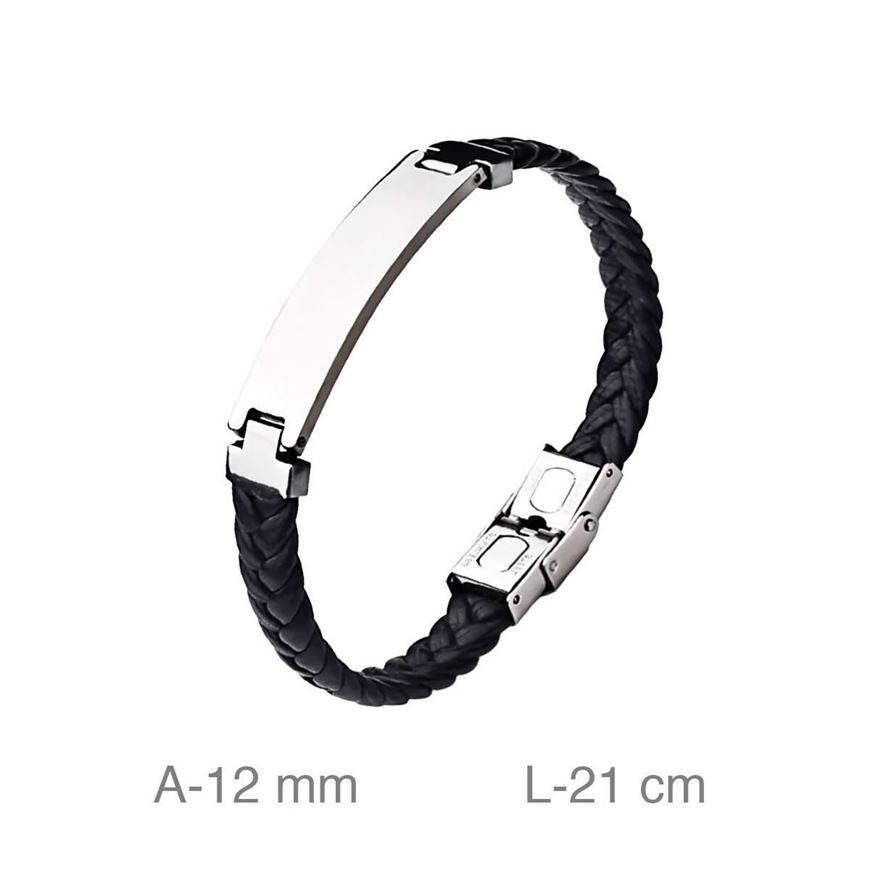 Foto de Pulsera de cuero trenzado negro y placa de acero