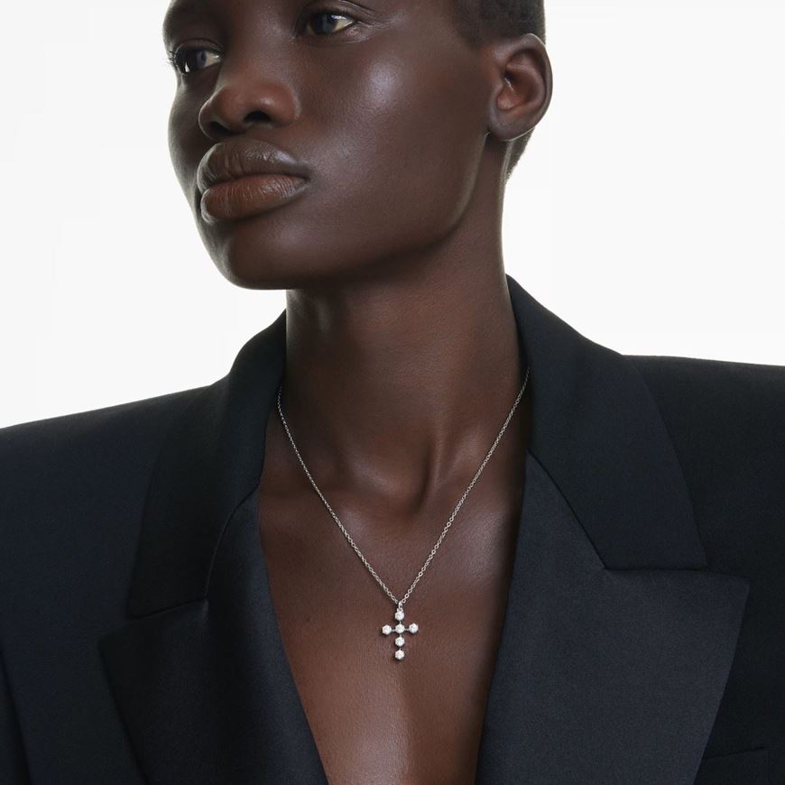 Foto de Colgante Insigne Talla redonda, Cruz, Blanco, Baño de rodio