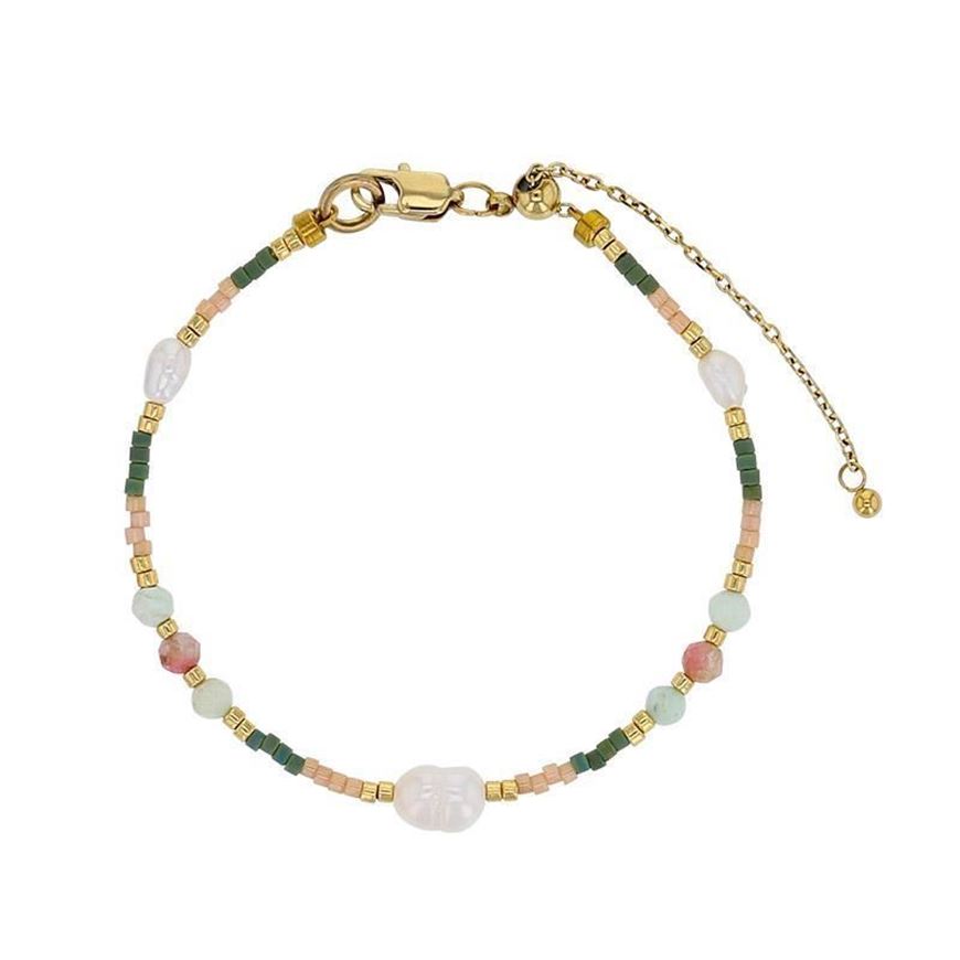 Foto de Pulsera de acero dorado y cuentas de cristal con perlas de agua dulce