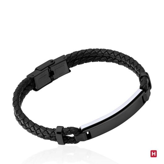 Foto de Pulsera cuero trenzado y placa de acero en negro 20cm