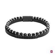 Foto de Pulsera cuero y acero negro con bolitas piedra natural 19cm