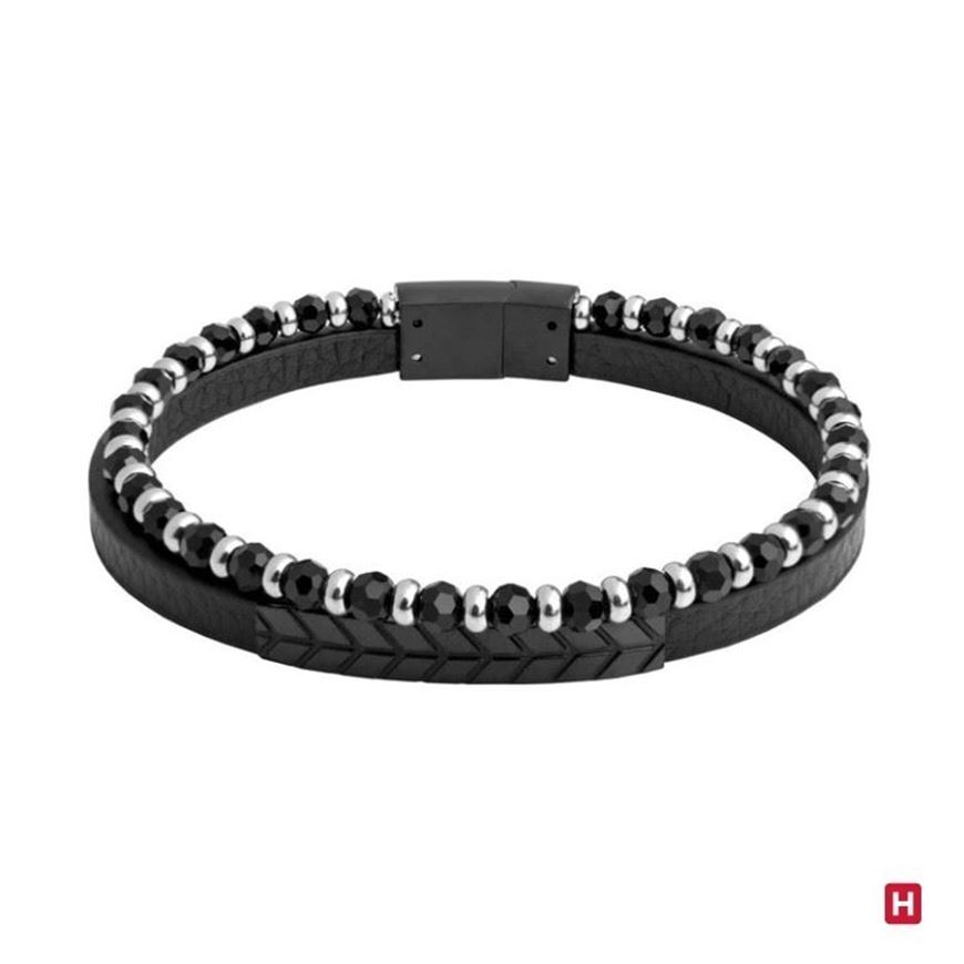 Foto de Pulsera cuero y acero negro con bolitas piedra natural 19cm