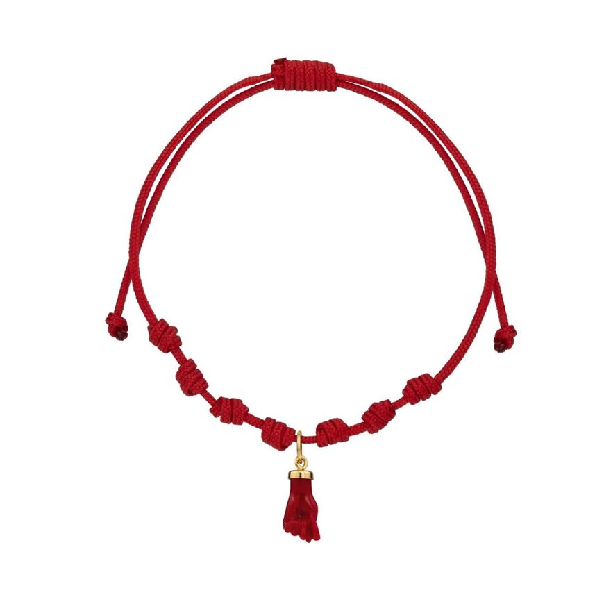 Foto de Pulsera 7 nudos nylon rojo Puño protector coral en oro amarillo 18kt
