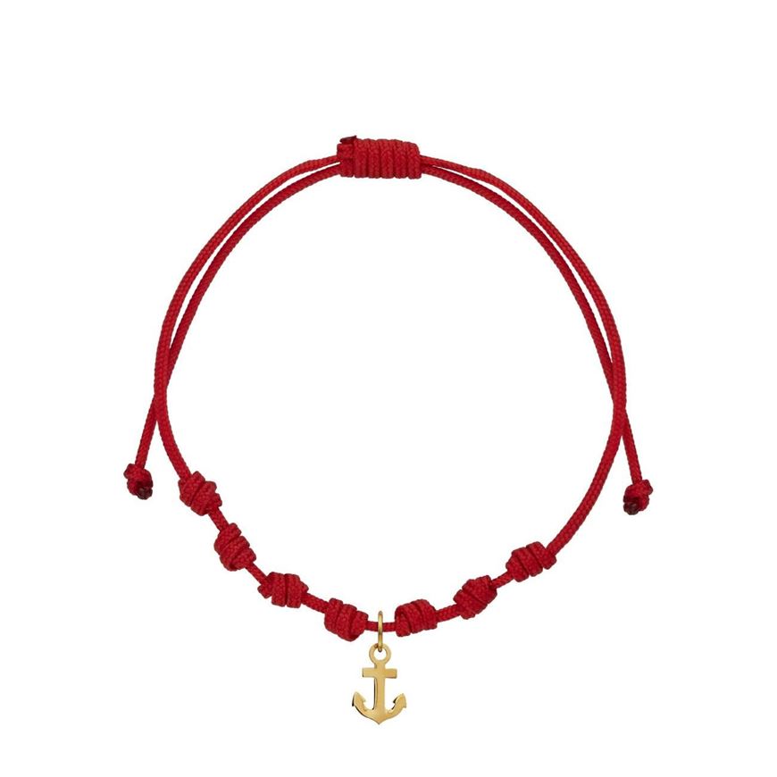 Foto de Pulsera 7 nudos nylon rojo Ancla de la suerte en oro amarillo 18kt