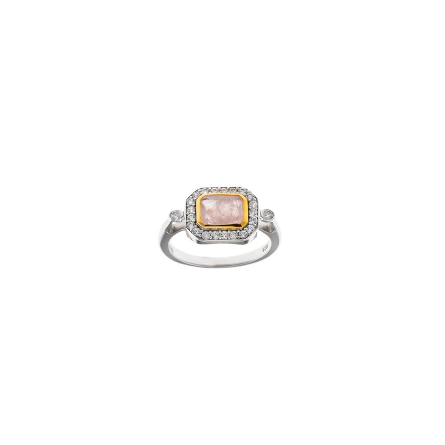 Foto de Sortija plata rodio cuarzo rosa rectangulo chapado dorado alrededor circonitas blancas brillantes