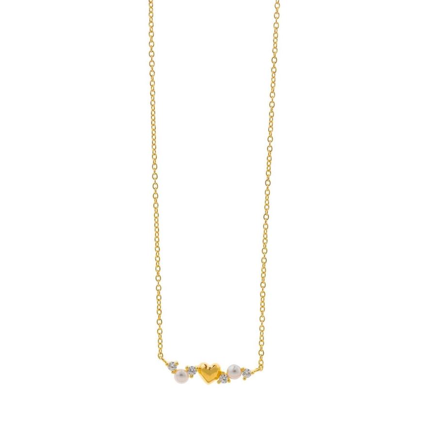 Foto de Collar plata chapado dorado corazon liso perlas boton de agua dulce circonitas blancas brillantes