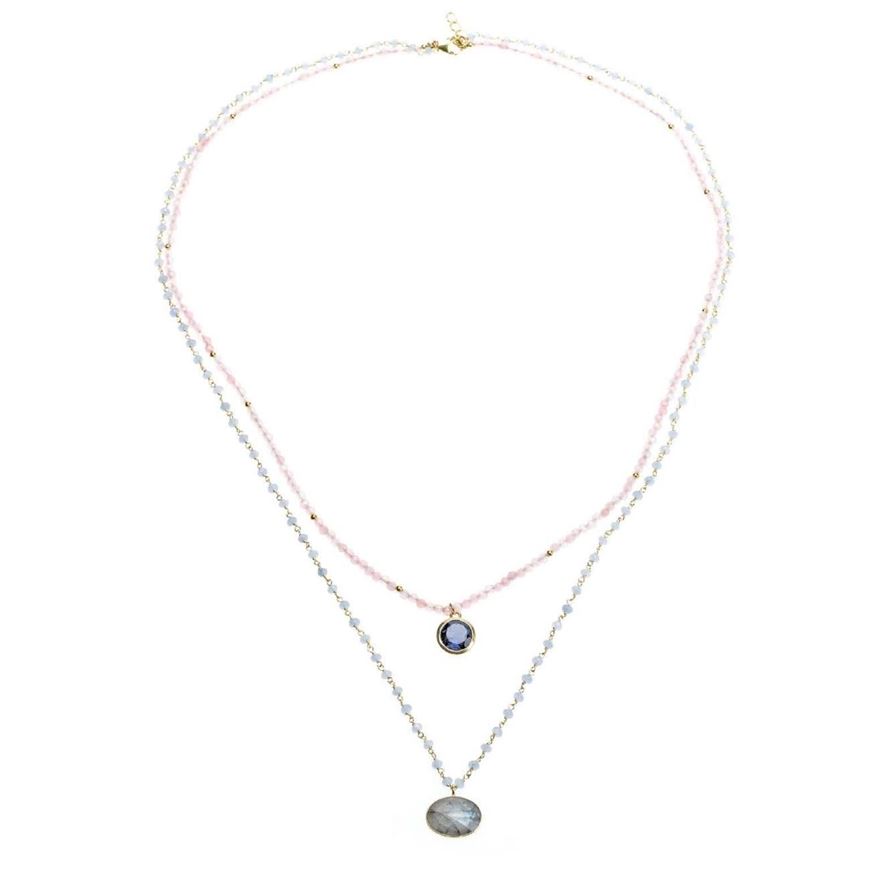 Foto de Collar plata chapado dorado labradorita oval, iolita hidrotermal redonda bolitas cuarzo rosa y calcita azul 90 cm