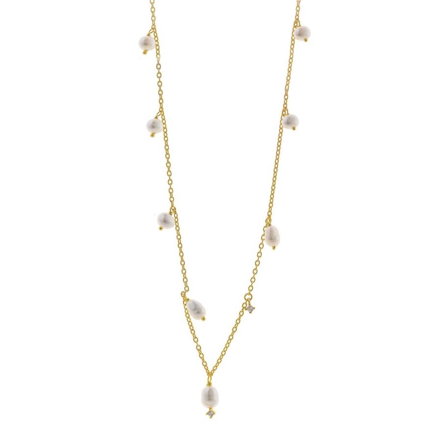 Foto de Collar plata chapado dorado perlas redondas y ovaladas circonita blanca brillante