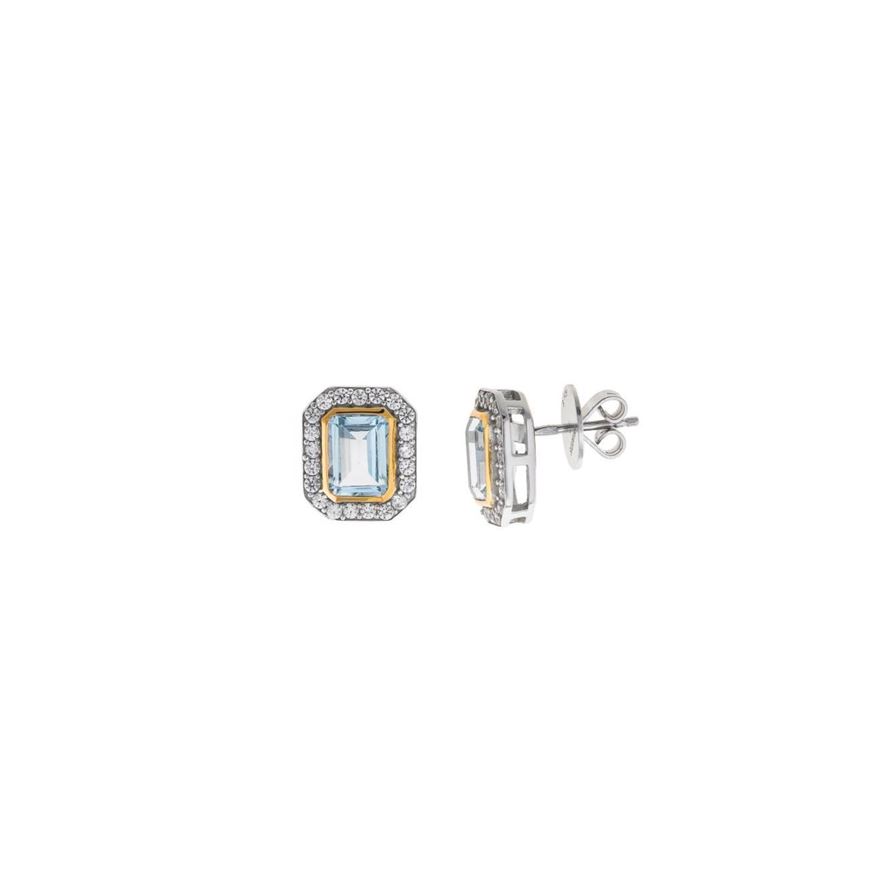Foto de Pendientes plata rodio topacio azul rectangulo chapado dorado alrededor circonitas blancas brillantes