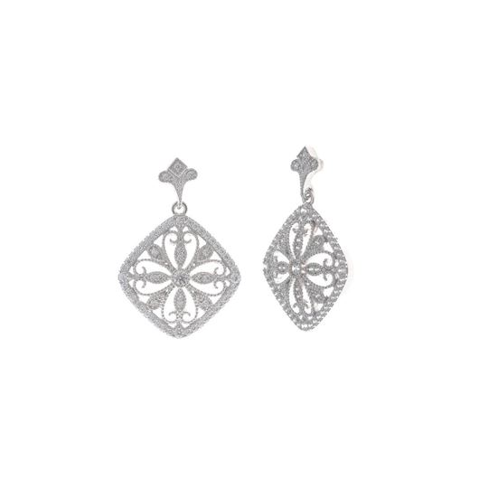 Foto de Pendientes plata rodio cadena con rombo filigranas circonitas blancas brillantes