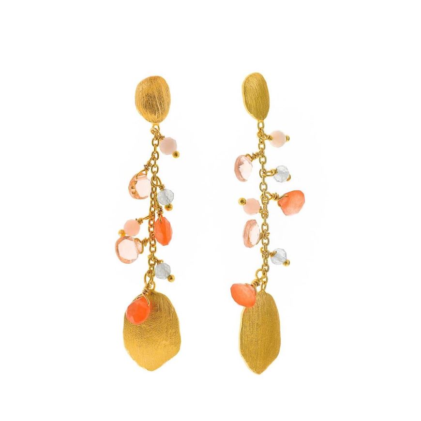 Foto de Pendientes metal chapado dorado ovalos cadena hidro morganita jade naranja aquamarina milky opalo rosa ovalos facetados