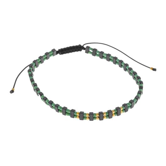 Foto de Pulsera plata chapado dorado bolitas cristal verde rectangulos hematita bolitas doradas hilo negro ajustable