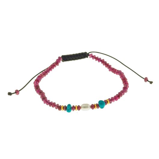 Foto de Pulsera plata chapado dorado bolitas facetdas rubi turquesas y perla bolitas doradas hilo negro ajustable