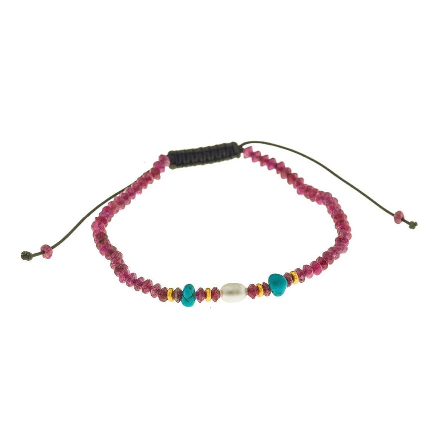 Foto de Pulsera plata chapado dorado bolitas facetdas rubi turquesas y perla bolitas doradas hilo negro ajustable