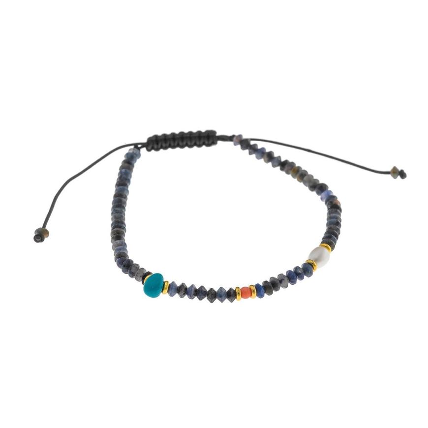 Foto de Pulsera plata chapado dorado bolitas facetdas zafiros turquesas bambu marino y perla bolitas doradas hilo negro ajustable