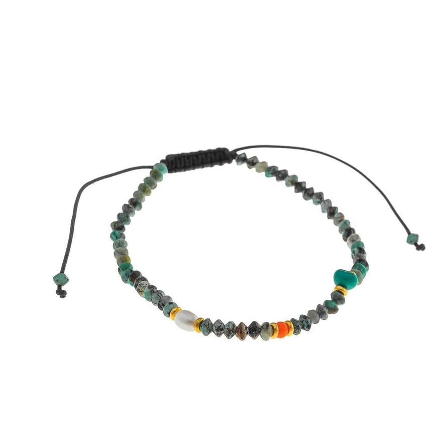 Foto de Pulsera plata chapado dorado bolitas facetdas turquesas bambu marino y perla bolitas doradas hilo negro ajustable