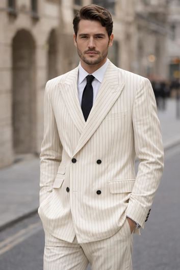 Foto de Traje cruzado slim fit blanco raya diplomática negra