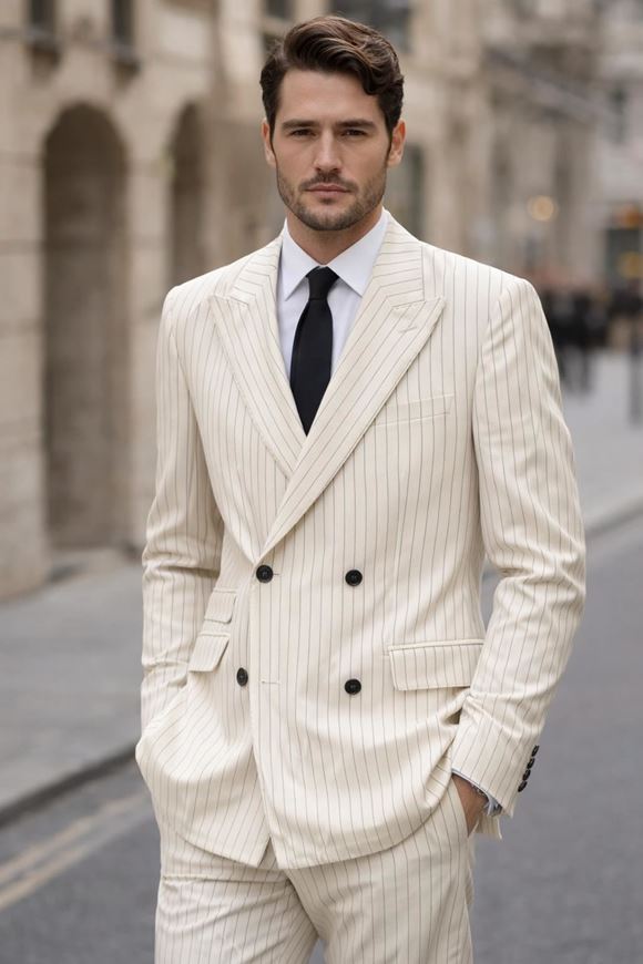 Foto de Traje cruzado slim fit blanco raya diplomática negra