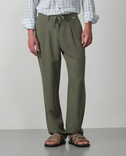 Foto de Pantalón de una pinza con cordón y goma en la cintura de lino-tencel color caqui