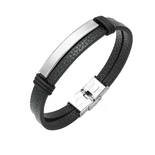 Foto de Pulsera de acero y cuero negro