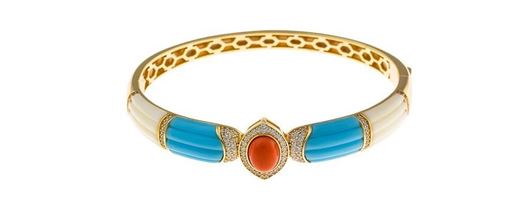 Foto de Pulsera de caña metal chapado dorado esmaltado naranja turquesa