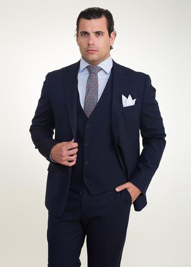 Foto de Traje con chaleco azul marino y cuadros reversible slim fit