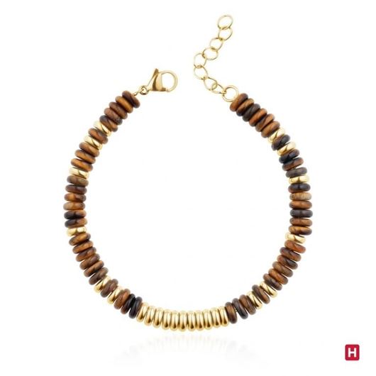 Foto de Pulsera de acero con baño dorado y ojo de tigre