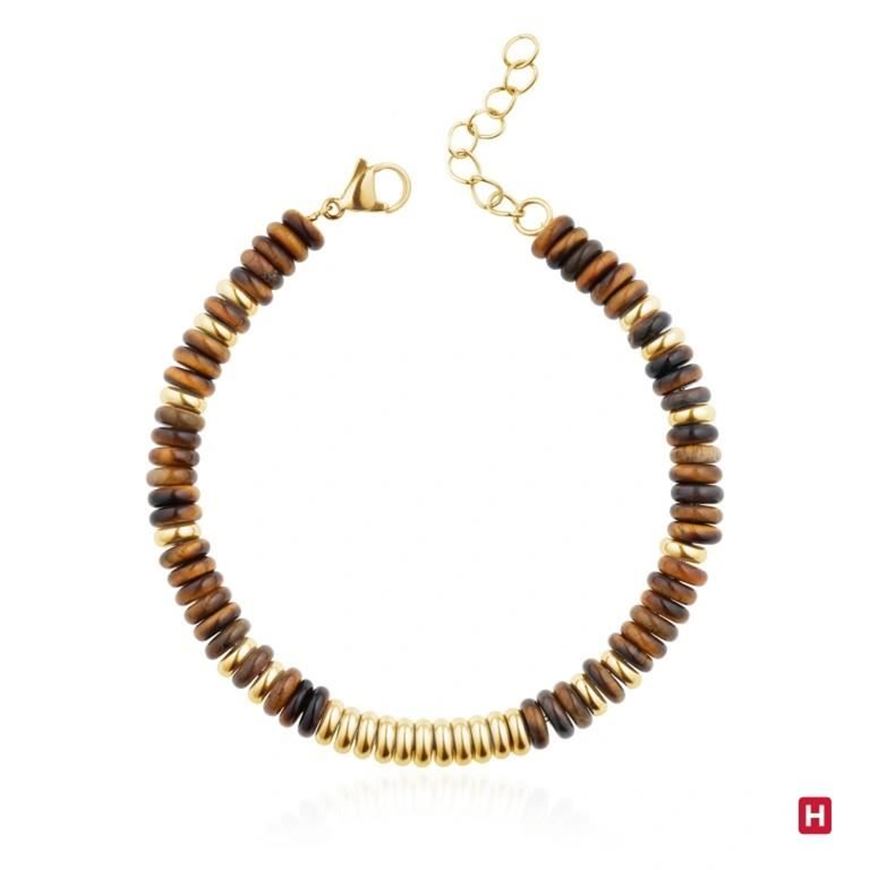 Foto de Pulsera de acero con baño dorado y ojo de tigre