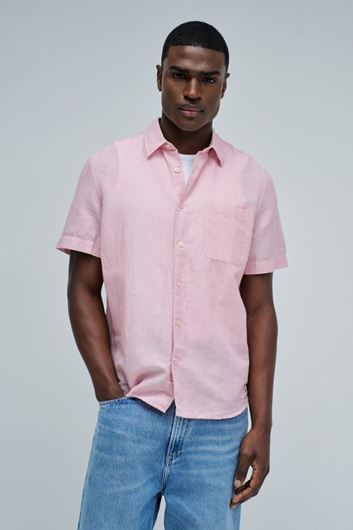 Foto de Camisa rosa manga corta algodón y lino melange regular fit