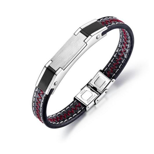 Foto de Pulsera de cuero con pespunte y placa acero