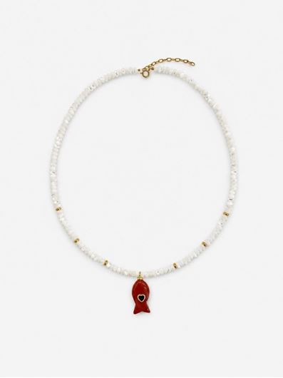 Foto de Collar cuentas de nacar y colgante pez de jaspe rojo